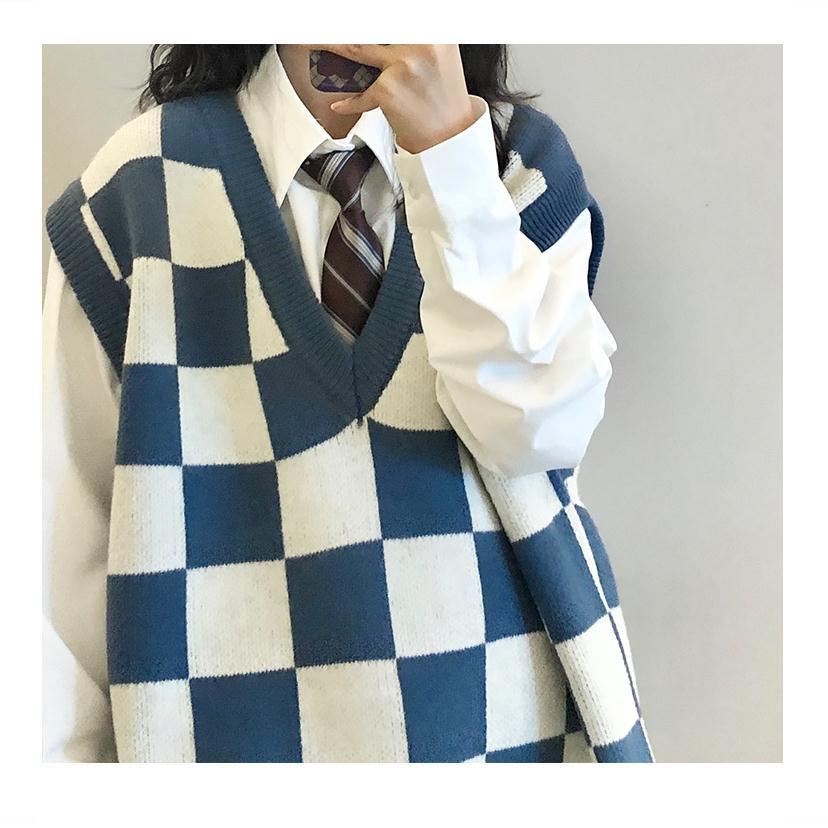 【Keroro】Áo Gile len đan nữ Cổ tim Kẻ sọc Caro Form rộng Phong cách | BigBuy360 - bigbuy360.vn