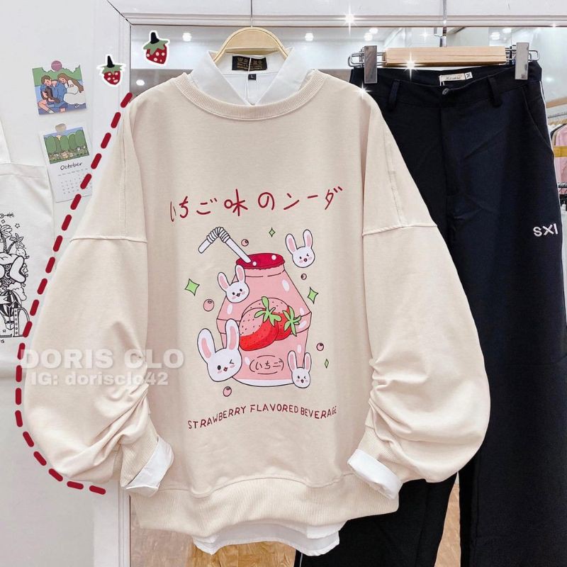 áo sweater nỉ thỏ và bình sữa