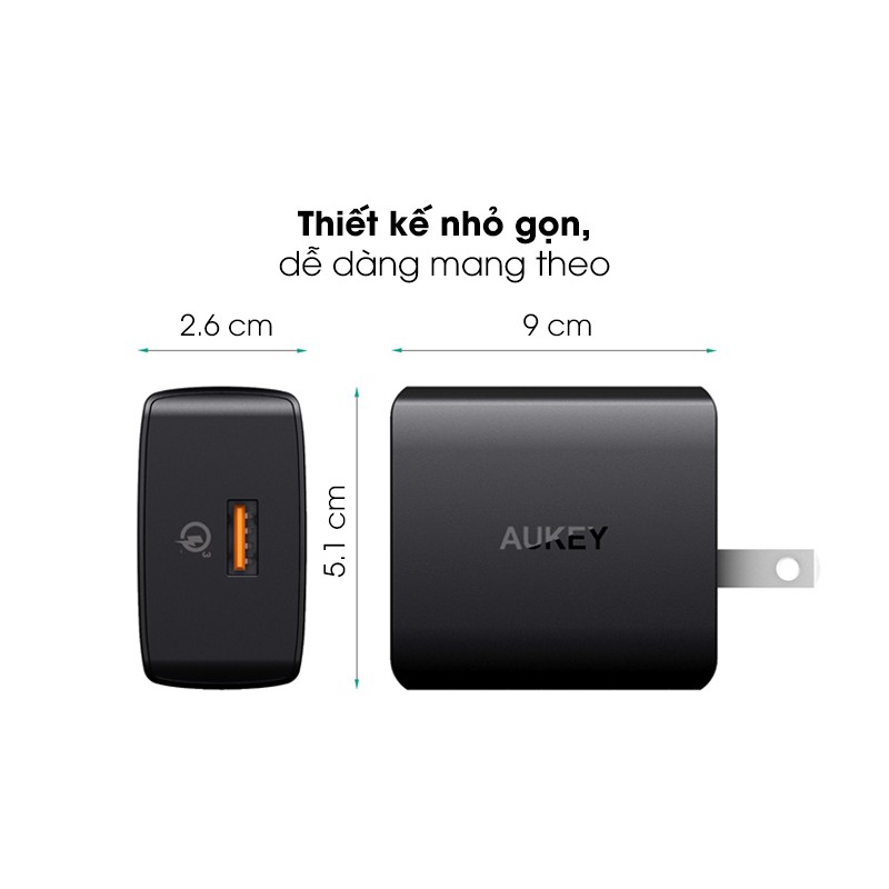 CỦ SẠC NHANH 1 CỔNG QC 3.0 AUKEY PA-T17 (TẶNG CÁP TYPE-C)