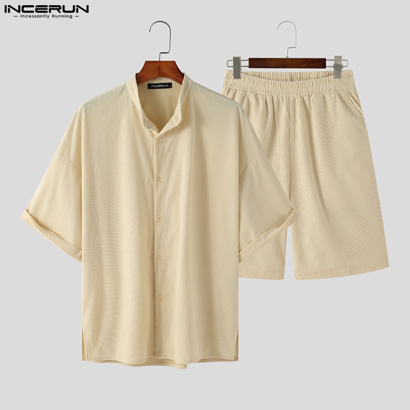 Bộ đồ INCERUN gồm áo sơ mi và quần short dáng rộng thời trang cho nam