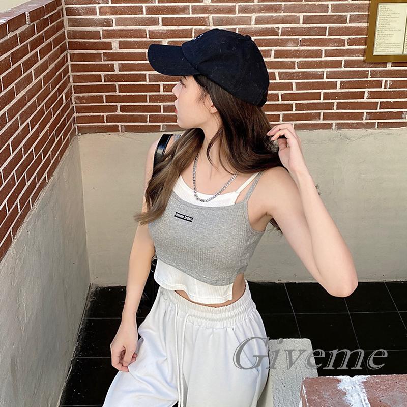 Áo Crop Top Giả Hai Lớp Màu Sắc Tương Phản In Chữ Trang Trí Dành Cho Nữ