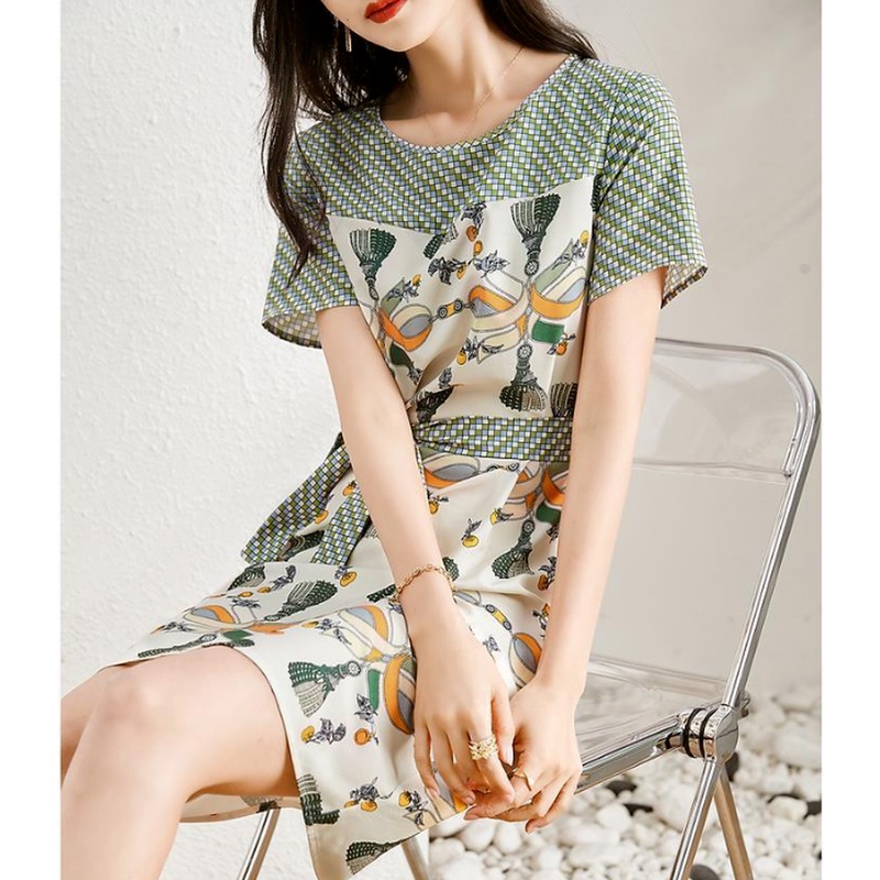 Đầm Chiết Eo In Họa Tiết Màu Sắc Tương Phản Thời Trang Mùa Hè Cho Nữ