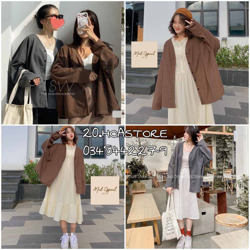 ÁO CARDIGAN NỈ LÌ OVERSIZE CỔ V CÚC DỌC XÁM NÂU - ÁO CADIGAN LEN MỎNG 2 MÀU NÂU XÁM