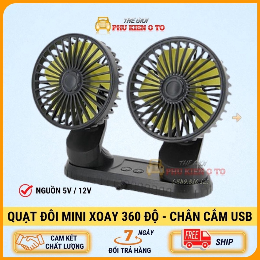 Quạt Đôi Xoay 360 Độ Dùng Trên Ô Tô Nguồn 5V/12V/24V, Cắm Chân USB, Quạt Đa Năng Cho Bàn Máy Tính , Bàn Làm Việc