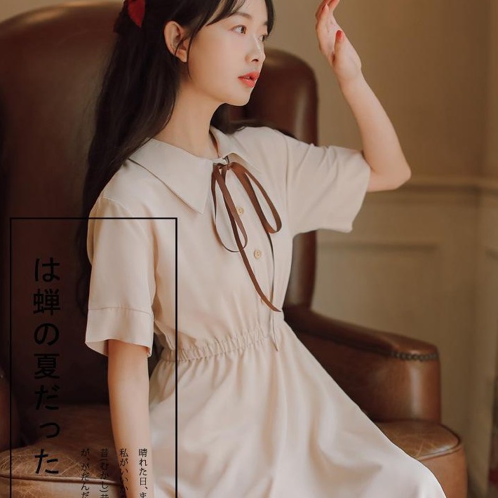 Đầm chữ A tay ngắn dáng rộng màu trơn với thiết kế thắt nơ phong cách Hàn Quốc mùa hè mới xinh xắn thời trang