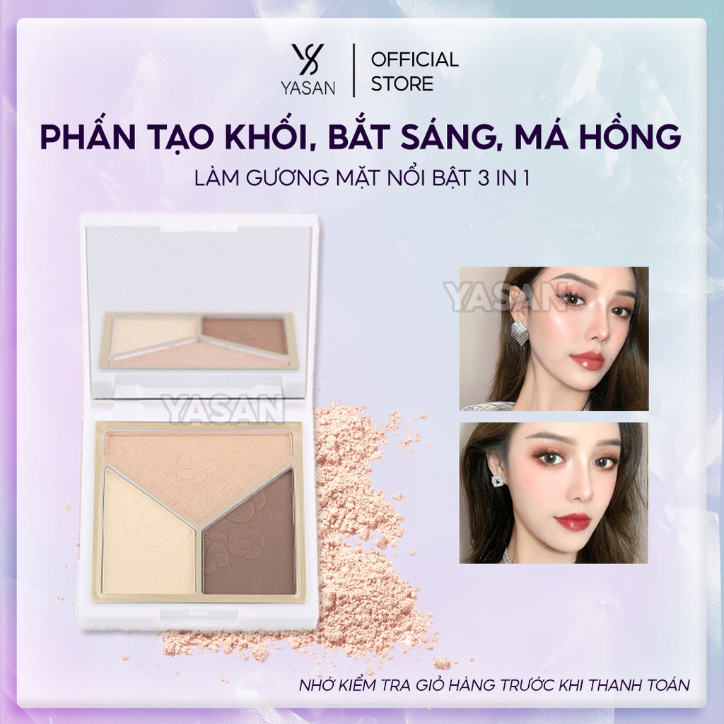 Phấn bắt sáng highlight, tạo khối, má hồng 3 màu Lameila kèm cọ trang điểm xinh Yasan