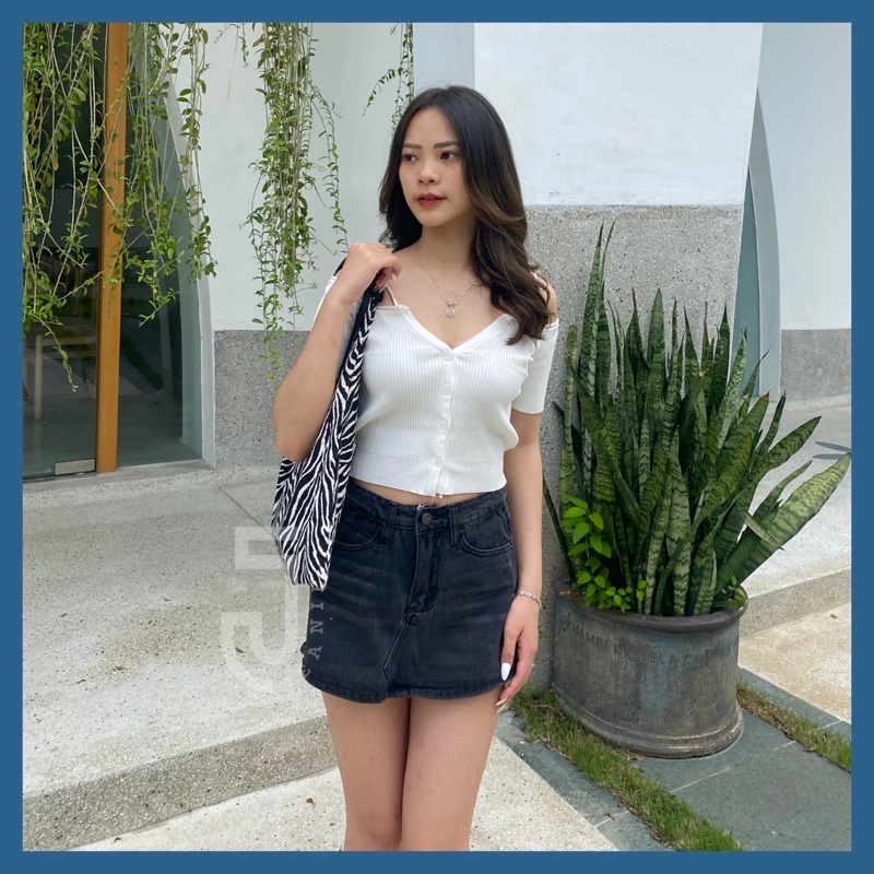 Áo croptop tay ngắn nữ JEANIE áo 2 dây hở vai chất len tăm ôm body gợi cảm