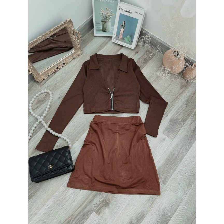 Set body áo croptop tay dài chân váy màu nâu siêu tây