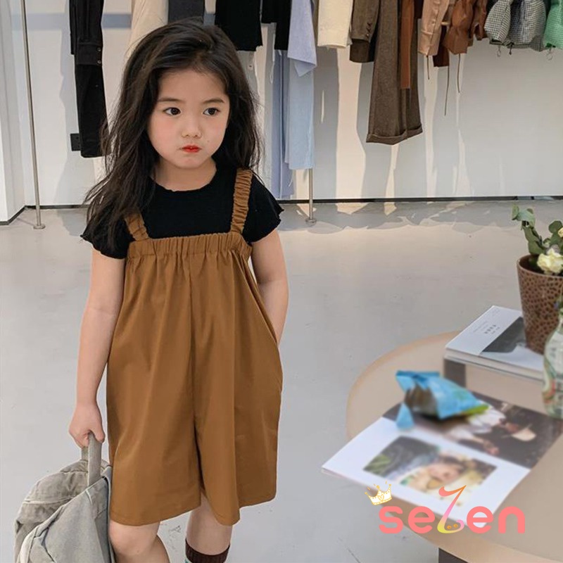 Se7en Set Áo Cổ Tròn Ngắn Tay + Quần Yếm Phong Cách Hàn Quốc Cho Bé Gái