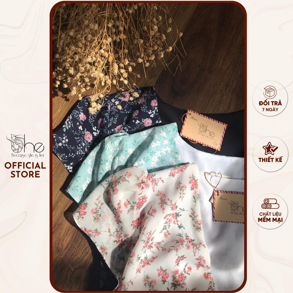 Đầm nữ hoa nhí wrap chéo She, váy nữ dáng wrap cổ V phối bèo sang trọng SDX93