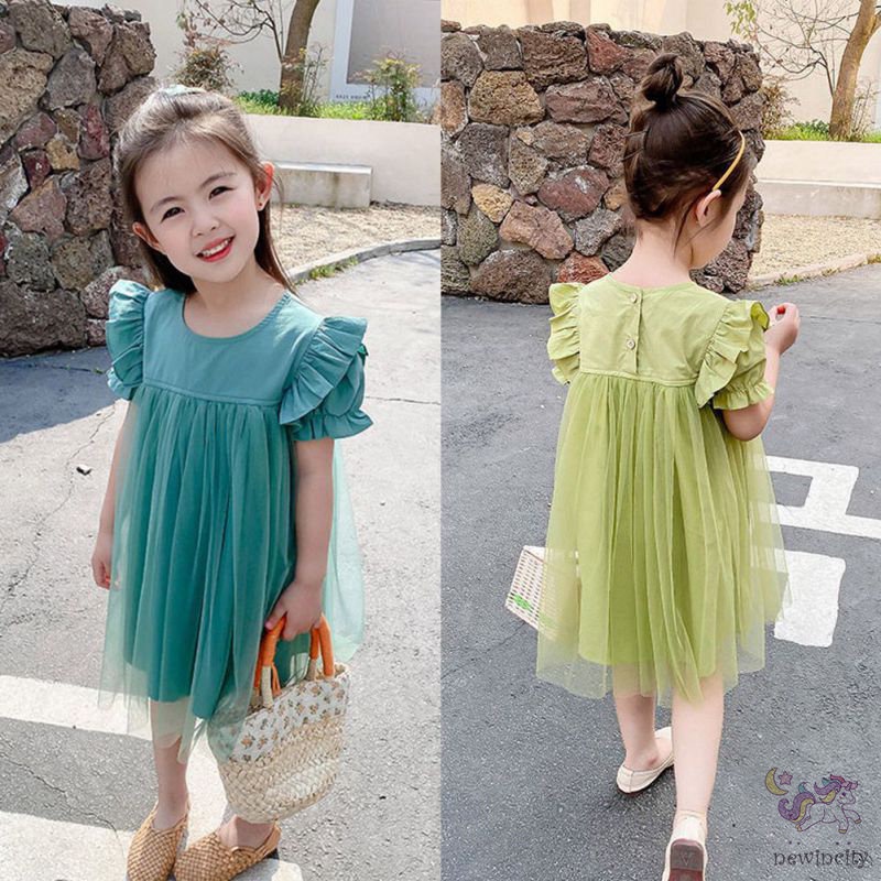 Đầm Tay Ngắn Phối Lưới Thời Trang Hàn Quốc Cho Bé Gái