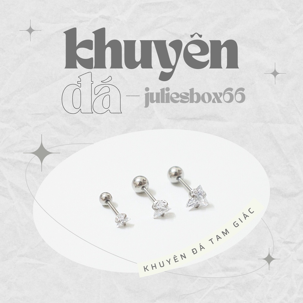 [1 Chiếc] Khuyên Tai Titan Đá Trắng Tam Giác Zircon Unisex Màu Bạc Đuôi Bi Không Gỉ Sét Không Ngứa Julies Box 66
