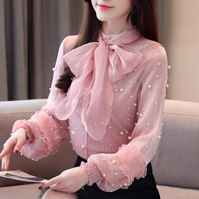 Áo sơ mi đính cườm cổ nơ cách điệu nữ tính DCCN60 (HÀNG ORDER KHOẢNG 10-15 NGÀY)