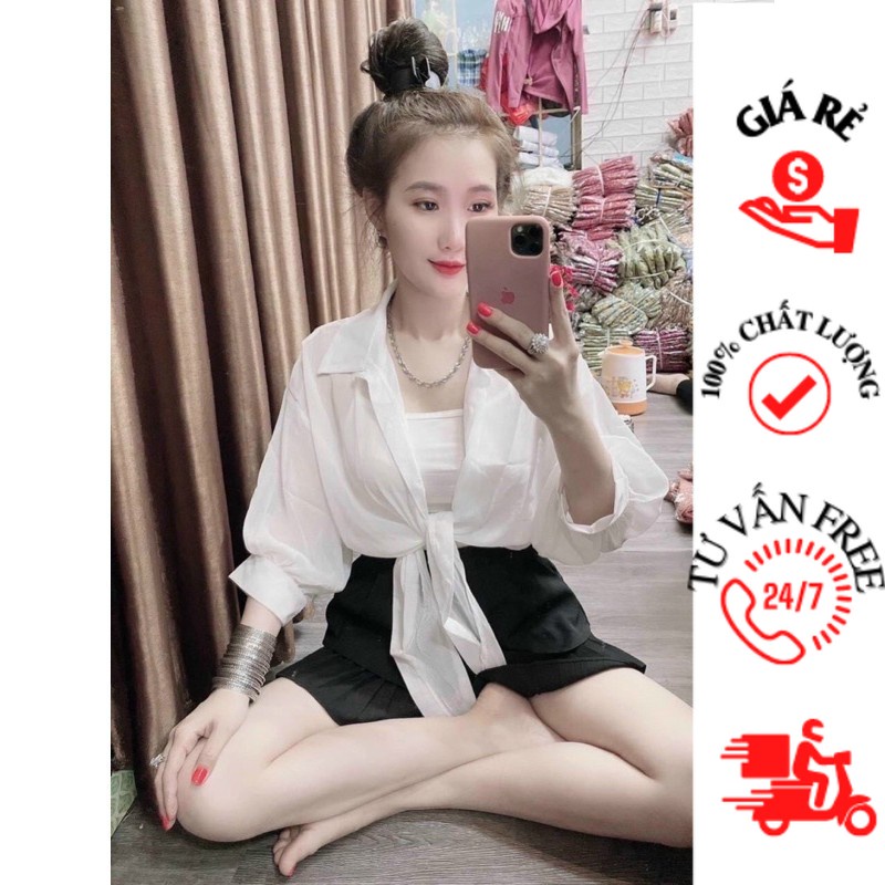 Áo Sơ Mi Voan Tay Lửng Buộc Nơ Áo Khoác Croptop Đi Biển Du Lịch Đen Trắng alohashop91