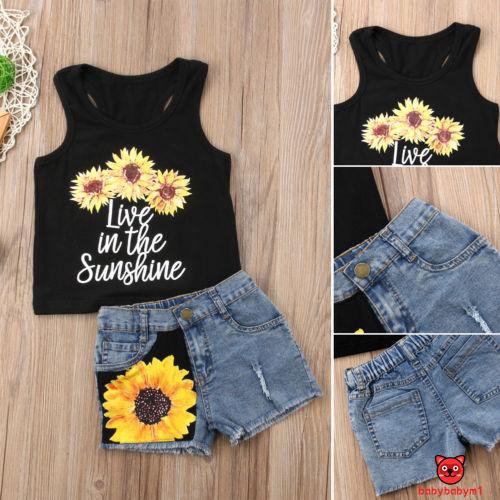 ☽&amp;✰2pcs Toddler Baby Girl Clothes Romper T-shirt Top+Denim Short Pants Kids Outfits Set