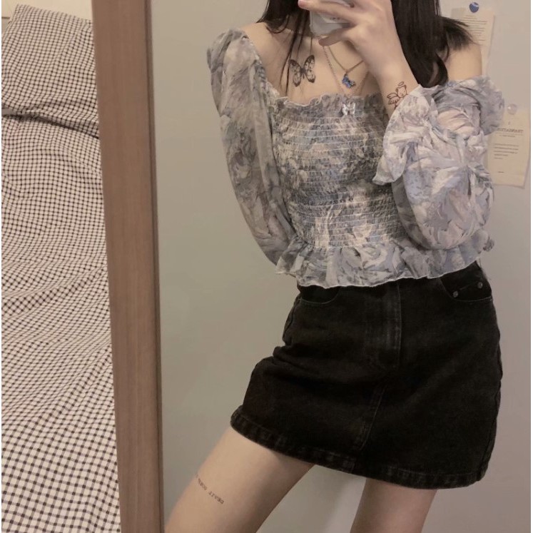 [Mã FASHIONI9 giảm 10k đơn 0đ] Áo Voan Xếp Ly Cổ Vuông Họa Tiết Xinh Xắn Dành Cho Bạn Gái, Áo Kiểu Chất Chiffon Hàn Quốc | BigBuy360 - bigbuy360.vn