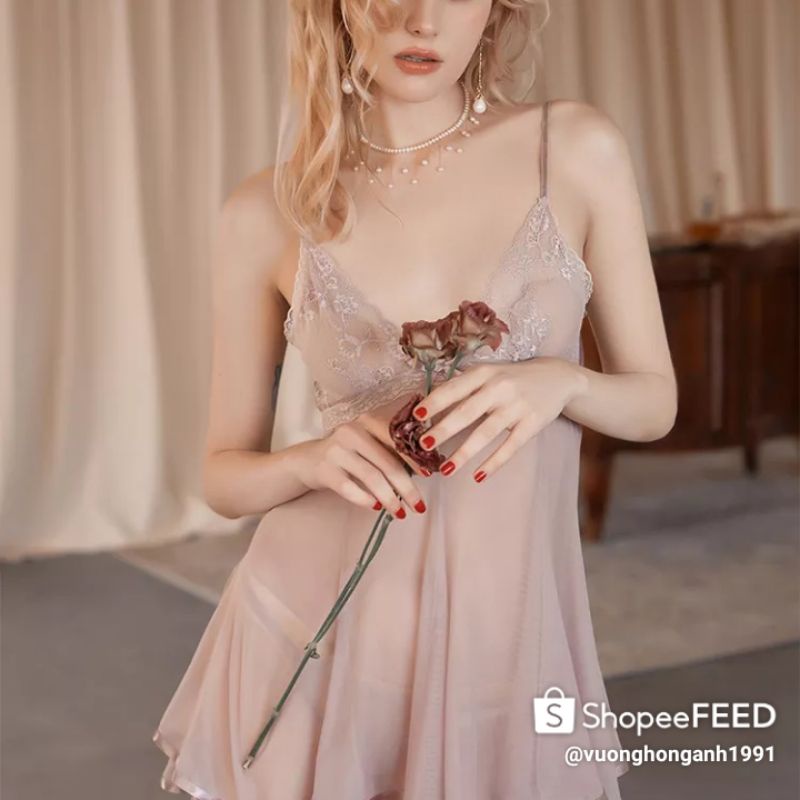 váy ngủ đầm ngủ thun ren buộc nơ mềm mại thoáng mát sexy gợi cảm
