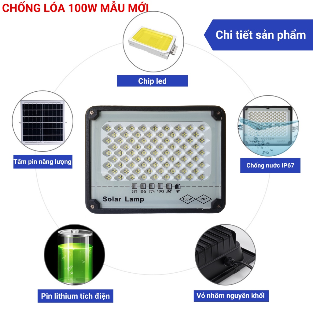 Đèn Năng Lượng Mặt Trời,Đèn Led Trang Trí Chống Lóa Cao Cấp 100W  mẫu mới, Khung Nhôm,Cảm biến,BH 2 năm