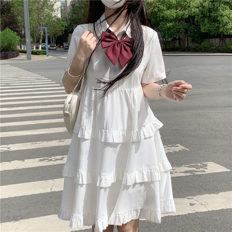 Váy babydoll xếp tầng phối bèo cổ đức thắt nơ học sinh dễ thương Nhật Bản