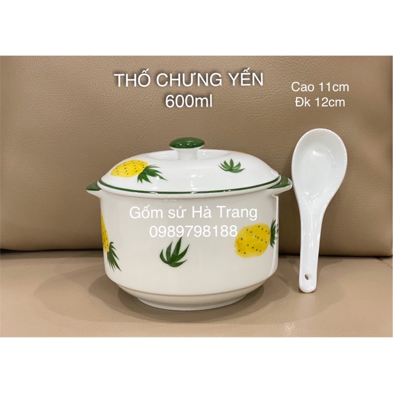 Bộ thố chưng yến gốm sứ Bát Tràng cao cấp men trắng vẽ dứa dung tích 600ml kèm thìa