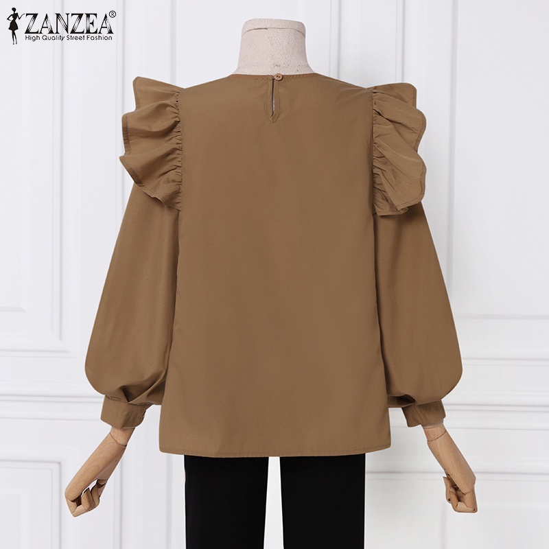 Áo kiểu Zanzea tay dài phồng cổ tròn phối viền nhún bèo thời trang cho nữ
