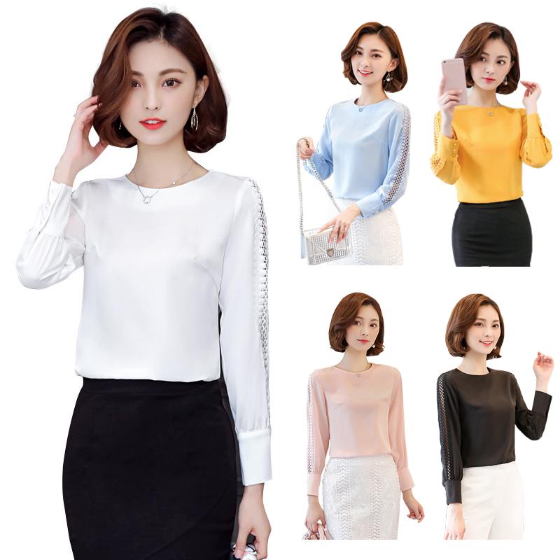 Phụ nữ áo voan dài tay cổ tròn áo ren mùa hè Sexy Hollow phong cách công sở Out Áo cánh
