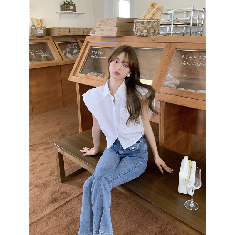 Áo croptop Áo Sơ Mi Trắng Không Tay Phong Cách Hàn Quốc Thời Trang Mùa Hè 2022 Mới