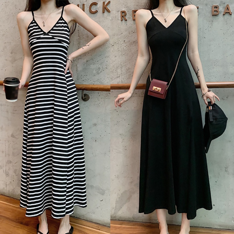Đầm Maxi Hai Dây Xẻ Tà Kẻ Sọc Màu Sắc Trơn Cho Nữ