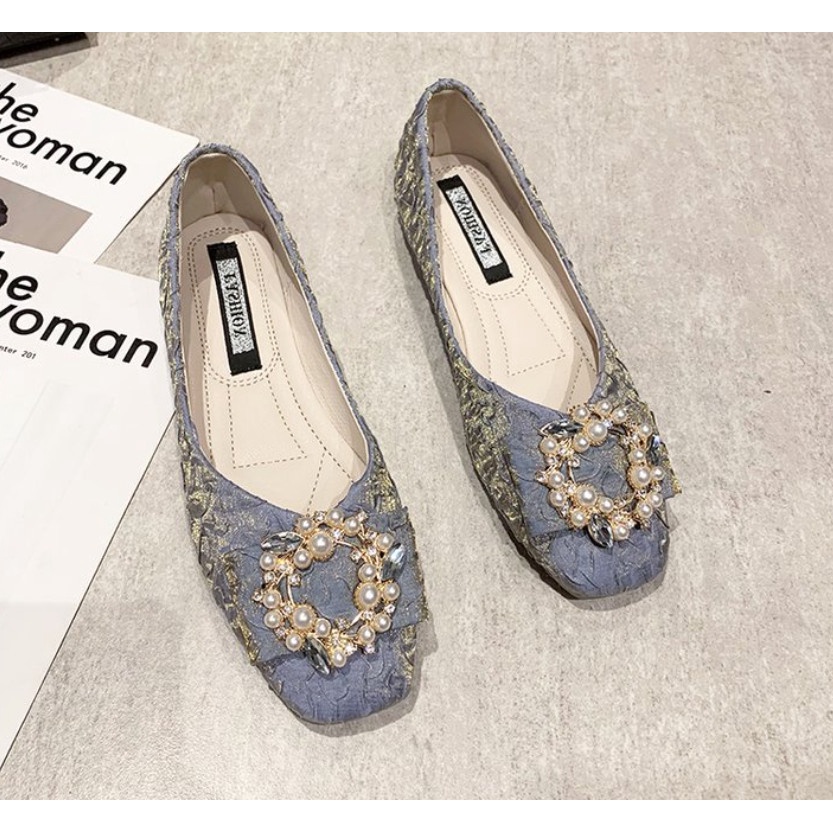 Mã 810 Giầy búp bê nữ da nhăn tag đá ngọc