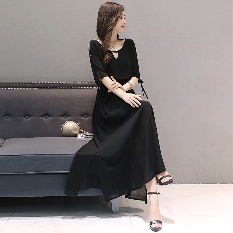 IELGY Đầm Chiffon Dáng Rộng Tay Ngắn Màu Trơn Xẻ Tà Thời Trang Cho Nữ