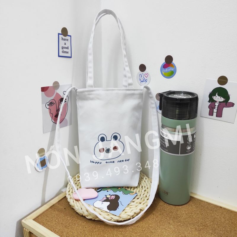 Quai Túi Vải Đựng Ly, Cốc, Bình Nước Canvas Đeo Chéo Nhiều Mẫu