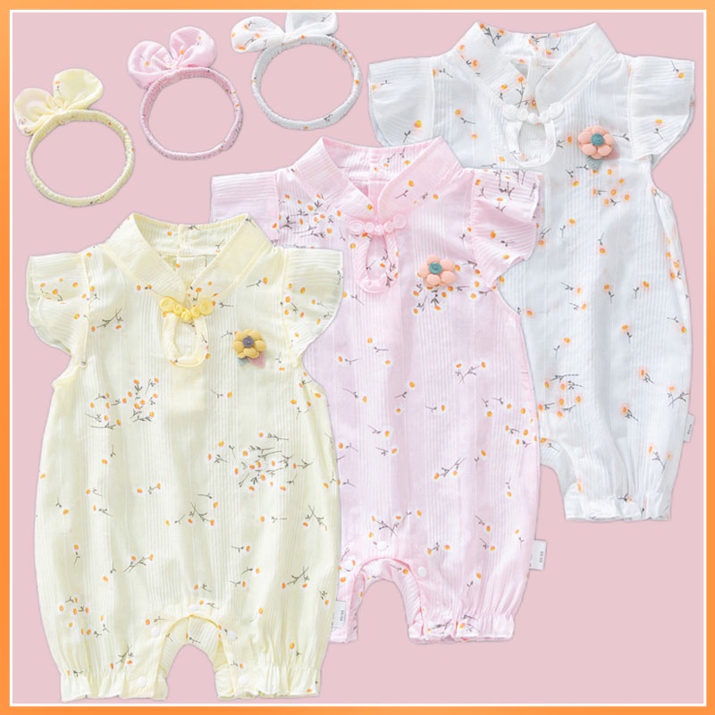 Bộ 2 Món Áo Liền Quần + Băng Đô Vải cotton Dễ Thương Cho Bé Gái Sơ Sinh 0-18 Tháng Tuổi