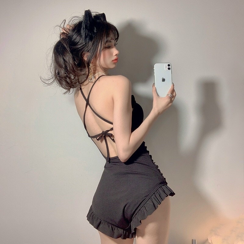 [ HÀNG QUẢNG CHÂU CAO CẤP] Bikini liền mảnh thun gân viền nhún dễ thương kín đáo