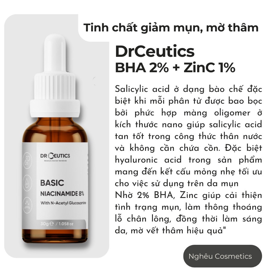 DrCeutics BHA 2% + ZinC Tinh Chất Giảm Mụn Và Làm Mờ Thâm Sau Mụn, Ngăn Mụn Mới Nhập Khẩu Chính Hãng