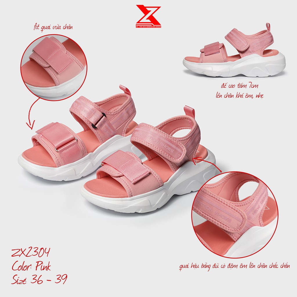 Sandal Ulzzang ZX 2304 Màu Hồng - Đế cao 5cm -  quai ngang bản to có thể điều chỉnh rộng chật