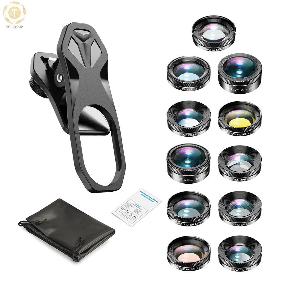 Shipped within 12 hours】 APEXEL APL-DG11 Universal Professional HD Phone Camera Lens Kit 11in1 Micro Lens 140° Wide Angle Lens 205° Fisheye Lens Kaleidoscope Lens Grad Color & Full Color Filters ND32 CPL Star Filters Compatible with iPhone 11/XR/XS  [TO]