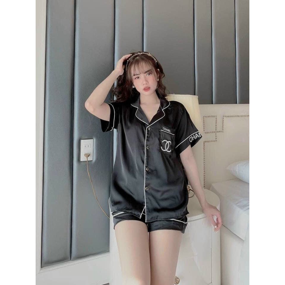 Đồ Mặc Nhà Cao Cấp 🔥FREESHIP🔥 Bộ Pijama Lụa Satin Cộc Tay Quần Sooc Thêu Họa Tiết Đơn Giản BN10.1