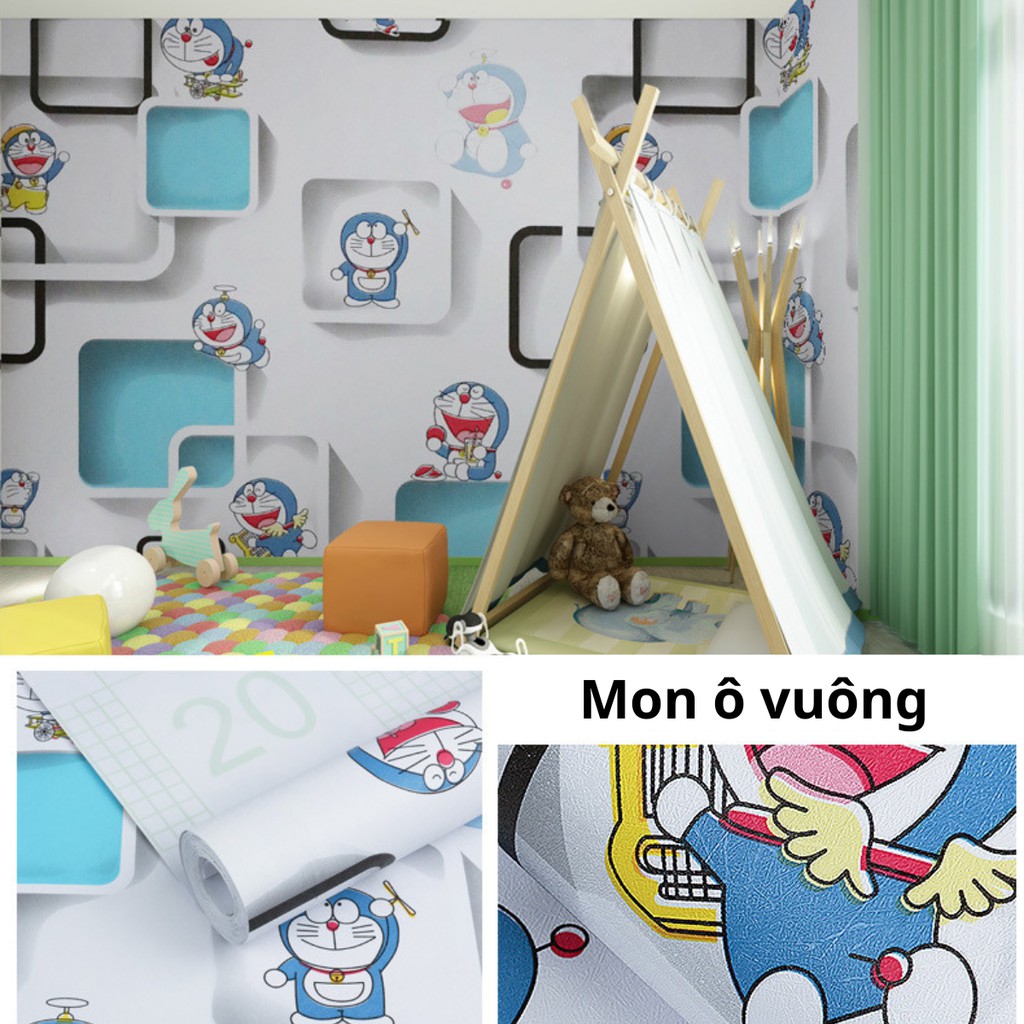 Giấy dán tường Doremon ô vuông xanh có keo sẵn khổ rộng 45cm, giấy decal dán tường Doraemon phòng ngủ cho bé - Lala Mart