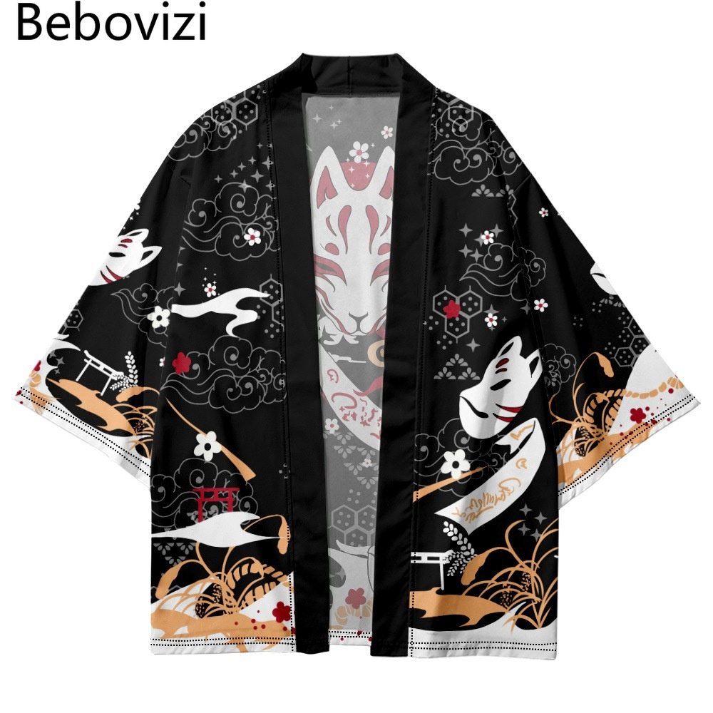 Áo Khoác Kimono Màu Đen In Hình Cáo Phong Cách Truyền Thống Nhật Bản Dành Cho Nam Nữ