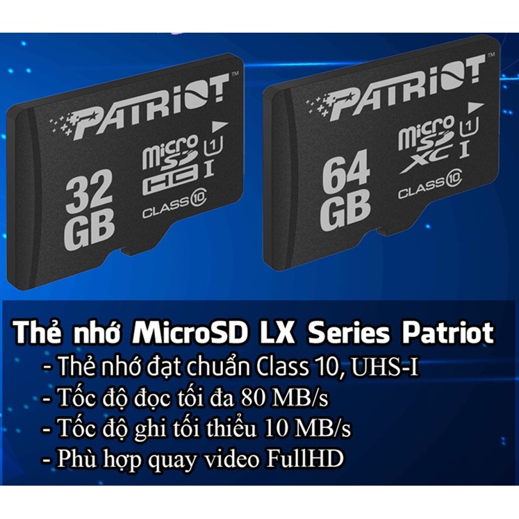 Thẻ nhớ Micro SDXC Patriot Cao cấp 128Gb 64Gb 32Gb Chính hãng Mai Hoàng Phân Phối, Bảo Hành 3 Năm, 1 Đổi 1