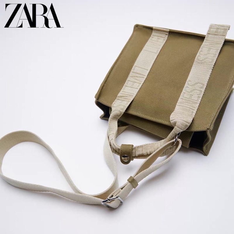 TÚI XÁCH ZARA MINI VẢI DÙ IN CHỮ MÀU XANH KAKI