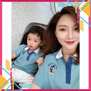 ODER ANU95 - ÁO ĐÔI XANH CỔ BẺ TRẮNG MICKEY MOUSE MẸ VÀ BÉ