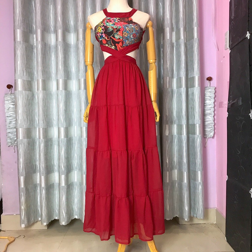 Đầm maxi đi biển 2 dây khoét eo họa tiết phối cúc hở lưng sống ảo XUKA-DRESS MT059 chất Lụa xịn xò cao cấp.