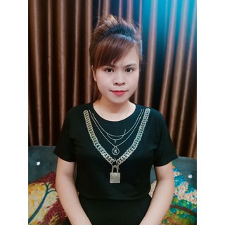 Áo thun cổ tim đính đá hình ổ khoá .áo phông đính đá cộc tay