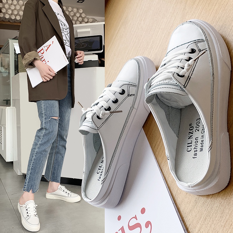 ⊕✜┇Baotou half slippers female summer wear 2021 new white half support single shoes fashion all-match no heel lazy sandals