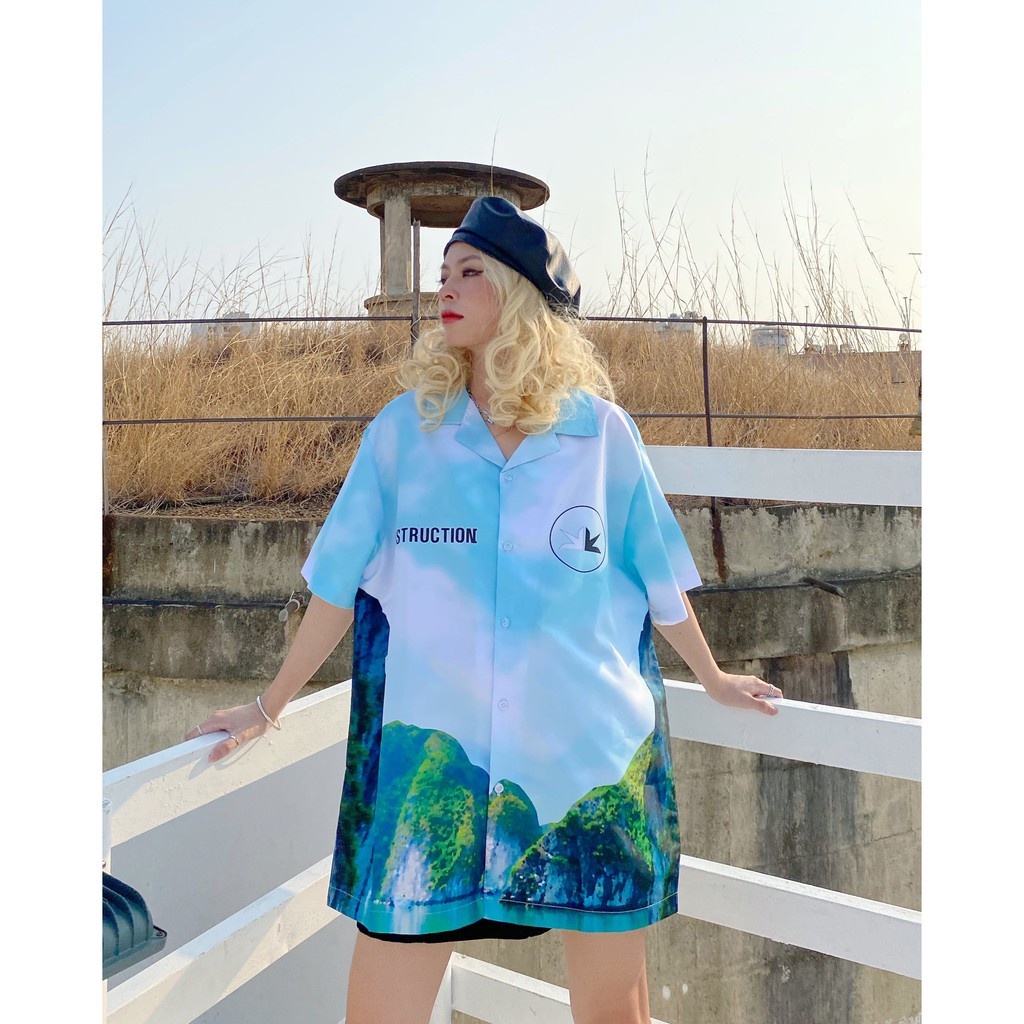 Áo sơ mi Hạ Long màu xanh local brand Destruction in hình hoạ tiết bầu trời và biển