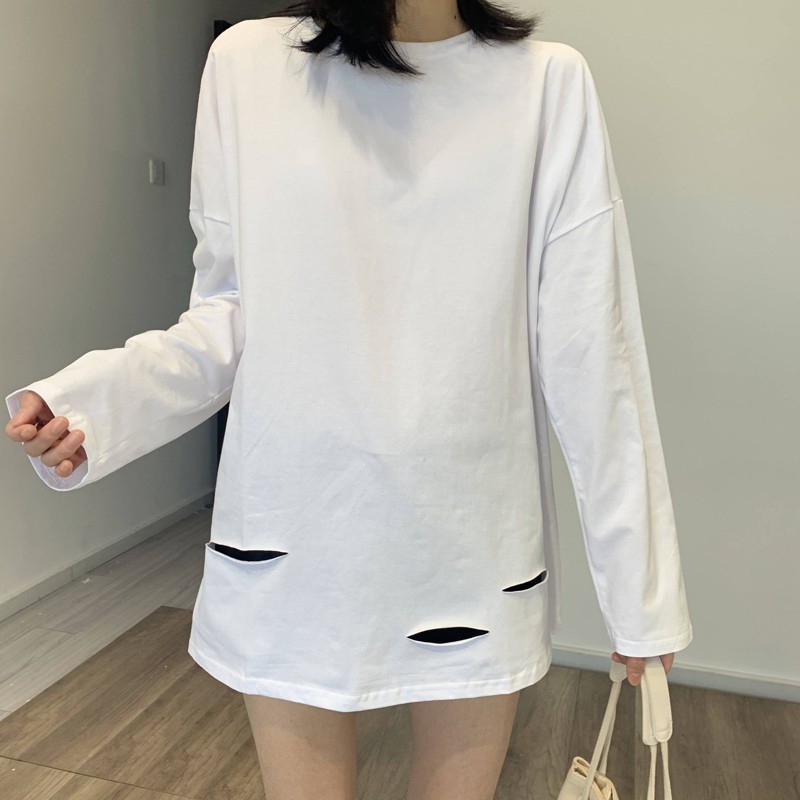 Áo Sweater Tay Dài Vải Cotton Phối Rách Cá Tính Thời Trang