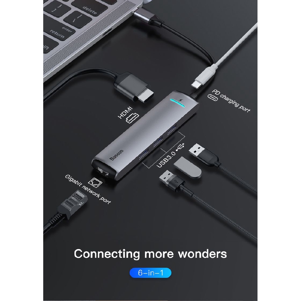 Bộ chuyển TypeC ra Hdmi-Usb3.0x3-Mạng-Kèm sạc vào C chuẩn PD cho Macbook/Dell/Laptop Baseus Mechanical Eye
