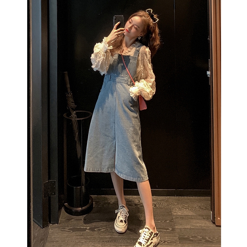 Váy Yếm Denim Dáng Chữ A Lưng Cao Thoáng Khí Thời Trang Mùa Xuân