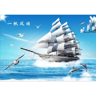 Tranh dán tường 3D Thuận buồm xuôi gió -tranh thuyền buồm - vải lụa kim tuyến